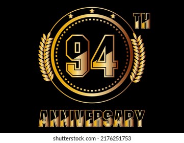 94 Jahre Jubiläum. Goldener Vektor mit Ringen für 94 Jahre Jubiläumsfeier auf schwarzem Hintergrund.
