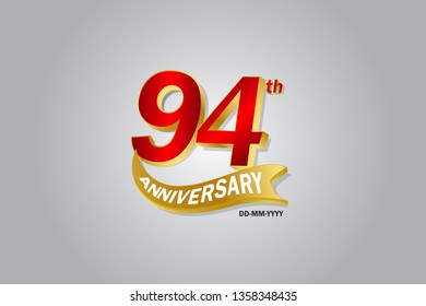 94 years anniversary Golden ribbon celebration logotype. anniversary logo with Red and Gold color isolated on grey background, vector design for celebration, invitation card - vector