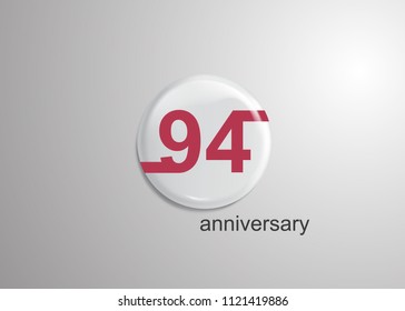 94 Years Anniversary Logo Celebration, red flat design inside 3d white rounded background