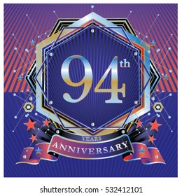 94 years anniversary logo celebration with ring and ribbon. Symbol and template for greeting card