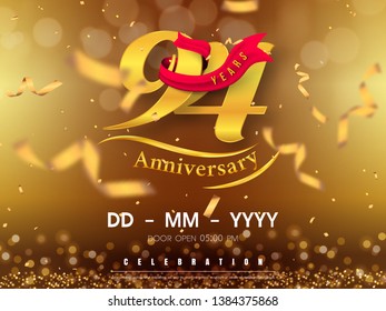 94 years anniversary logo template on gold background. 94th celebrating golden numbers with red ribbon vector and confetti isolated design elements