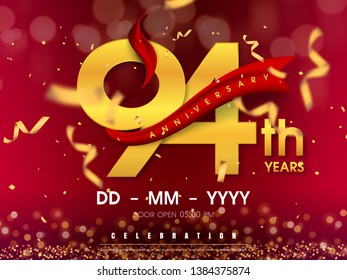 94 years anniversary logo template on gold background. 94th celebrating golden numbers with red ribbon vector and confetti isolated design elements