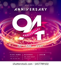 94 years anniversary logo template on purple Abstract futuristic space background. 94th modern technology design celebrating numbers with Hi-tech network digital technology concept design elements.