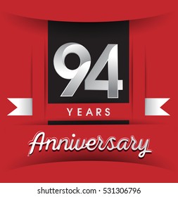 94 years anniversary logo with white ribbon isolated on red background, flat design style, Vector template elements for birthday celebration.