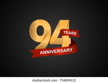 94 years anniversary logotype with elegance gold color and warp red ribbon