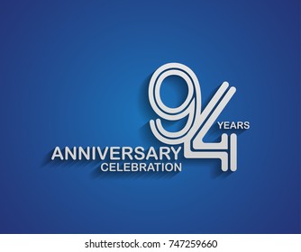 94 years anniversary logotype linked line number with silver color for celebration event isolated on blue background