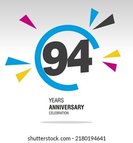 94 Years Anniversary, Number In Broken Circle With Colorful Bang Of Confetti, Logo, Icon, White Background