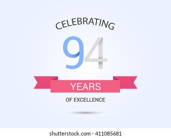94 years anniversary, signs, symbols, simple design with red ribbon.