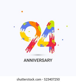 94 Years Anniversary, Splash Colored Logo Celebration Isolated on White Background