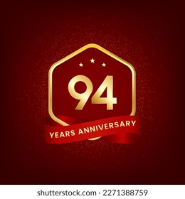 94 years anniversary. Anniversary template design with gold number and red ribbon, design for event, invitation card, greeting card, banner, poster, flyer, book cover and print. Vector Eps10
