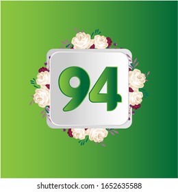 94 Years anniversary. Vector design greeting card with decorative floral for celebration