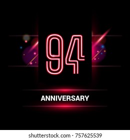 94 Years Anniversary vector logo design using neon style with flare ornament isolated on dark background