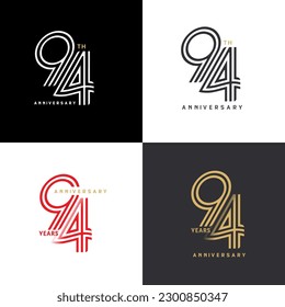 94 years anniversary vector number icon, birthday logo label, black, white and colors with stripe number