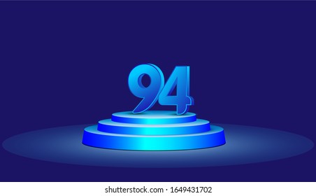 94 Years Anniversary Vector Template Design Illustration. Blue 3d Numbers with podium stage for celebration