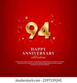 94 years of golden numbers, anniversary celebrating text, ad anniversary congratulation text with golden confetti spread on a red background