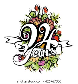 94 Years with nice bouquet of flowers, Greeting Card Design, Vector Hand Drawn Artwork