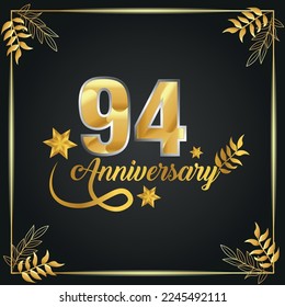 94 years old luxurious logo. anniversary year of vector gold colored template framed of palms.
