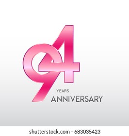 94 years pink anniversary. with overlapping number. for business, corporate, wedding, love, valentine logo celebration