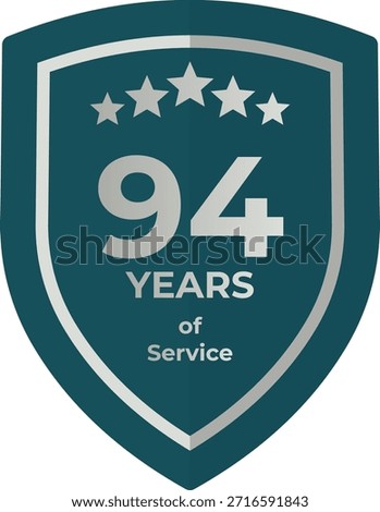 94 Years of Service Teal Shield Badge with Five Stars