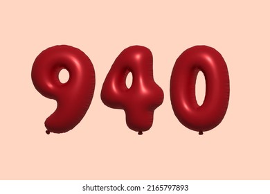 940 3d number balloon made of realistic metallic air balloon 3d rendering. 3D Red helium balloons for sale decoration Party Birthday, Celebrate anniversary, Wedding Holiday. Vector illustration