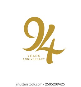 94th, 94 Years Anniversary Logo, 94 Logo, Vector Template Design element for birthday, invitation, wedding, jubilee and greeting card illustration.