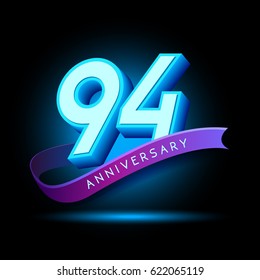94th Anniversary 3D text with glow effect .celebration vector template design