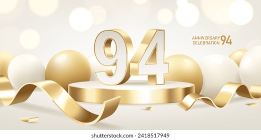 94th Anniversary celebration background. Golden 3D numbers on round podium with golden ribbons and balloons with bokeh lights in background.