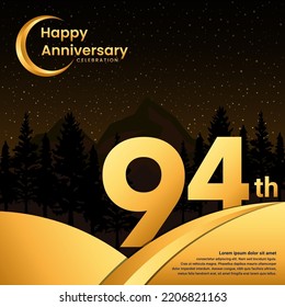 94th anniversary, Anniversary Celebration with golden text, isolated on mountains background, vector template illustration