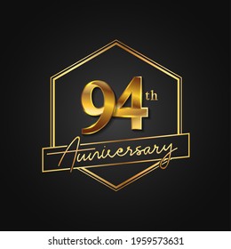 94th Anniversary Celebration. Anniversary logo with hexagon and elegance golden color isolated on black background, vector design for celebration, invitation card, and greeting card
