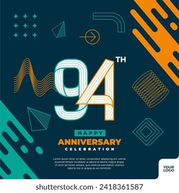 94th anniversary celebration logotype with colorful abstract geometric shape y2k background.