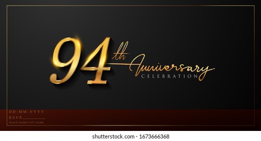 94th anniversary celebration logotype with handwriting golden color elegant design isolated on black background. vector anniversary for celebration, invitation card, and greeting card.