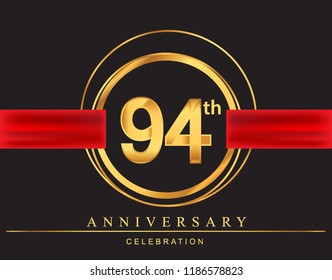 94th anniversary design logotype golden color with ring and red ribbon for anniversary celebration, elegant design.