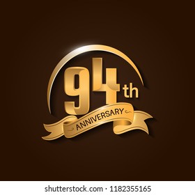 94th Anniversary design logotype. Anniversary logo design with swoosh and elegance golden ribbon. Vector template for use celebration, invitation card, and greeting card