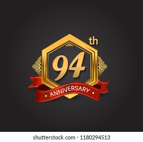 94th anniversary design logotype style with golden hexagon, ornament and red ribbon for use in celebration event.