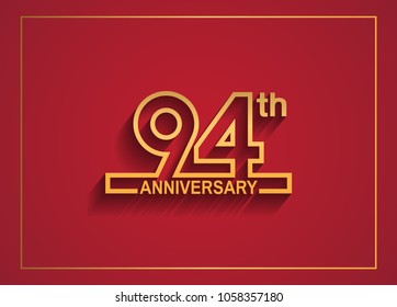 94th anniversary design with simple line style golden color isolated on red background for celebration event