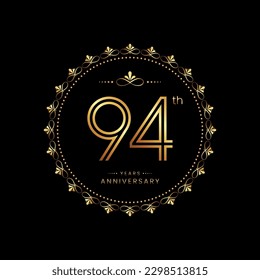 94th anniversary logo with golden number for celebration event, invitation, wedding, greeting card, banner, poster, flyer. Ornament vector design