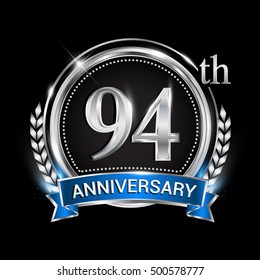 94th anniversary logo with silver ring combination blue ribbon and laurel wreath. Vector template for birthday celebration, party, wedding, invitation and greeting card