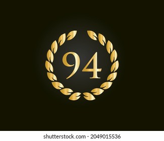 94th Anniversary Ring Logo Template. 94th Years Anniversary Logo With Golden Ring Isolated On Black Background, For Birthday, Anniversary And Company Celebration