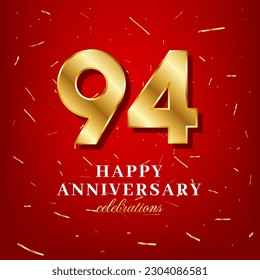 94th anniversary vector template with a golden number and golden confetti spread on a red background