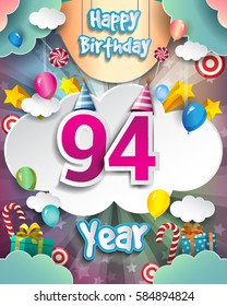 94th Birthday Celebration greeting card Design, with clouds and balloons. Vector elements for the celebration party of ninety four years anniversary