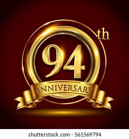 94th golden anniversary logo, ninety four years birthday celebration with gold ring and golden ribbon.