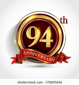 94th golden anniversary logo, ninety four years birthday celebration with ring and red ribbon isolated on white background