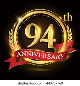 94th golden anniversary logo, with shiny ring and red ribbon, laurel wreath isolated on black background, vector design