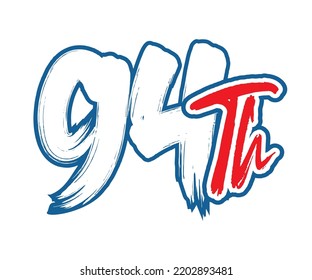 94th Ordinal Number counting vector art illustration with stunning font on red trim blue on white background