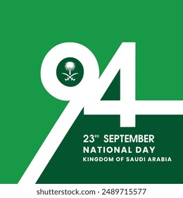 94th Saudi National Day Celebration Banner with Iconic Emblem and Date - September 23rd, Green and White Design for Kingdom of Saudi Arabia

