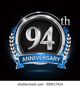 94th silver anniversary logo with laurel wreath, blue ribbon and ring. vector design.