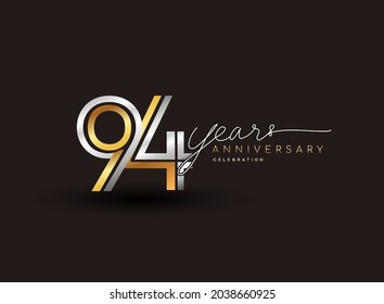 94th years anniversary logotype with multiple line silver and golden color isolated on black background for celebration event.