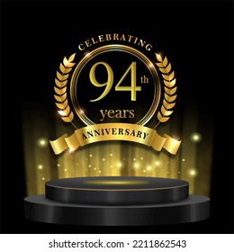 94th years golden anniversary logo celebration with ring ribbon and 3d podium. isolated on black background
