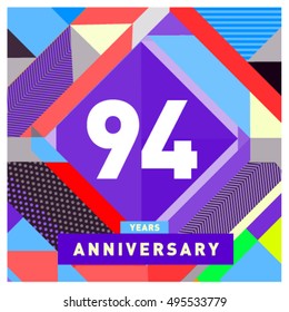 94th years greeting card anniversary with colorful number and frame. logo and icon with Memphis style cover and design template