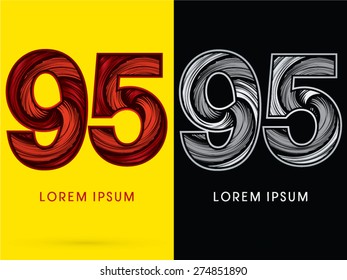 95 ,Abstract Number , font, concept  Spin, designed using red,black and white, grunge brush, sign.